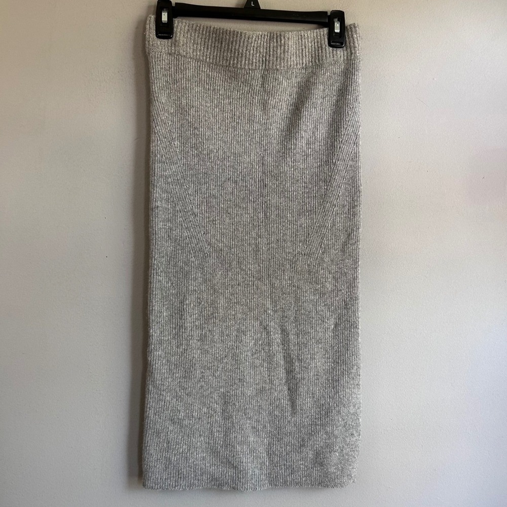 Ann Taylor 100% Cashmere Ribbed Knit Midi Skirt Gray XS Side Slit Elastic Waist